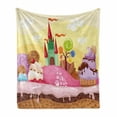 thumbnail image 1 of Cartoon Soft Flannel Fleece Throw Blanket, Kids Castle Landscape with Donuts Muffins Ice Cream Nursery Image, Cozy Plush for Indoor and Outdoor Use, 50" x 70", Sand Brown and Pink, by Ambesonne, 1 of 6
