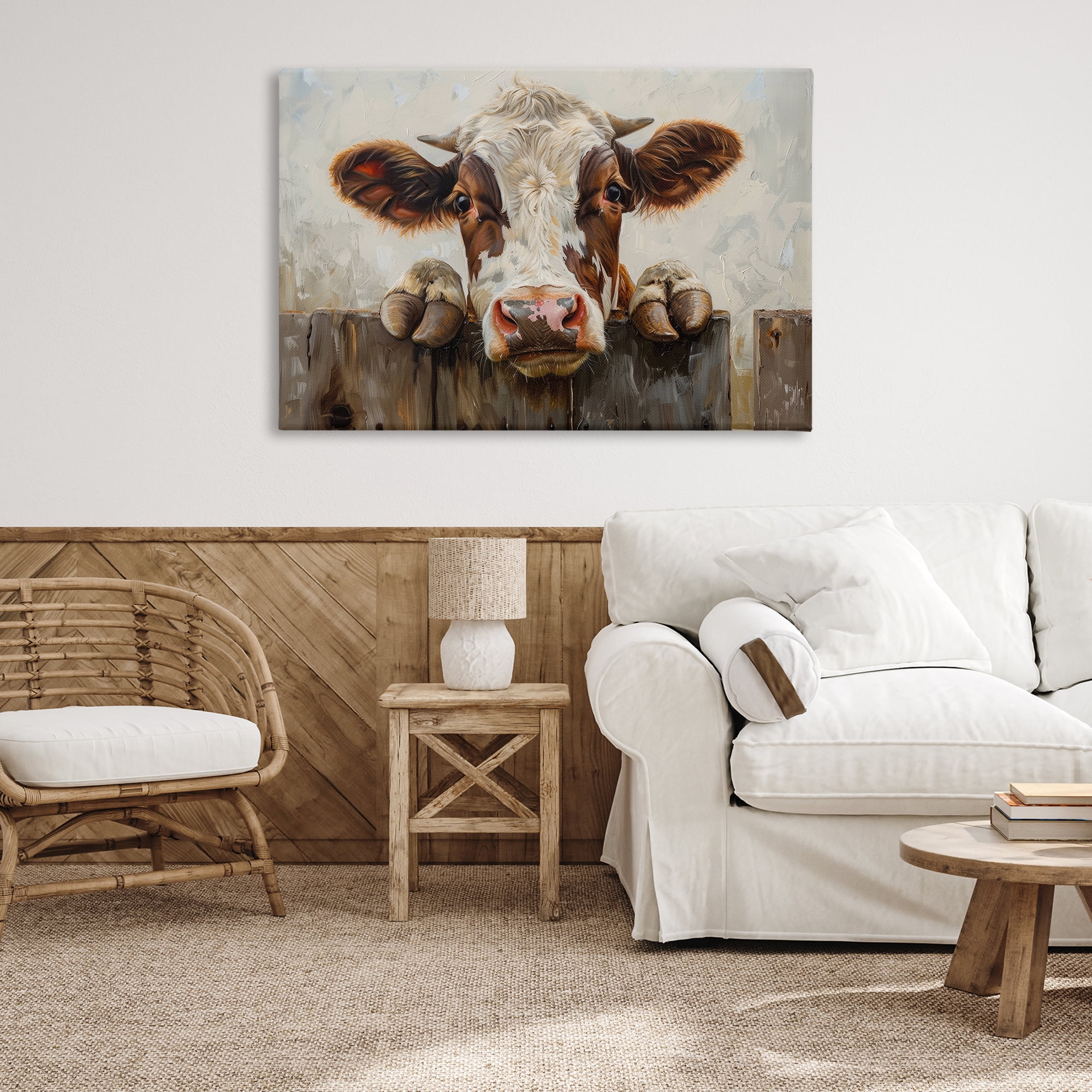 Stupell Industries Cow On Fence Animals & Insects Painting Gallery Wrapped Canvas Art Print Wall Art, 45 x 30