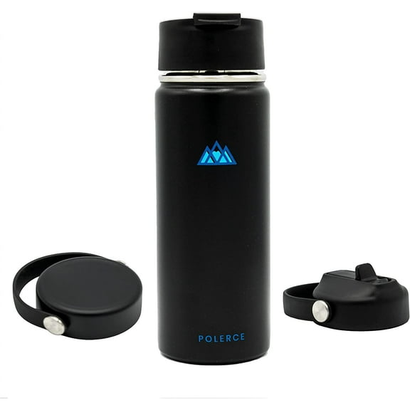 Vacuum Insulated Bottle with 3 Lids - Stainless Steel Thermally Insulated Flask - by Polerce (18 Oz, Black)