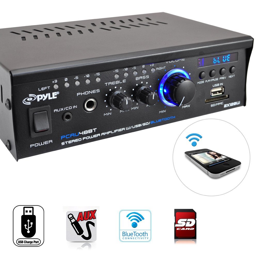 Bluetooth Mini Stereo Power Amplifier - 2x120W Dual Channel Sound Audio Receiver Entertainment w/Remote, for Amplified Speakers, CD DVD, MP3, Theater via 3.5mm RCA Input, Studio Use - Pyle PCAU48BT - image 2 of 6