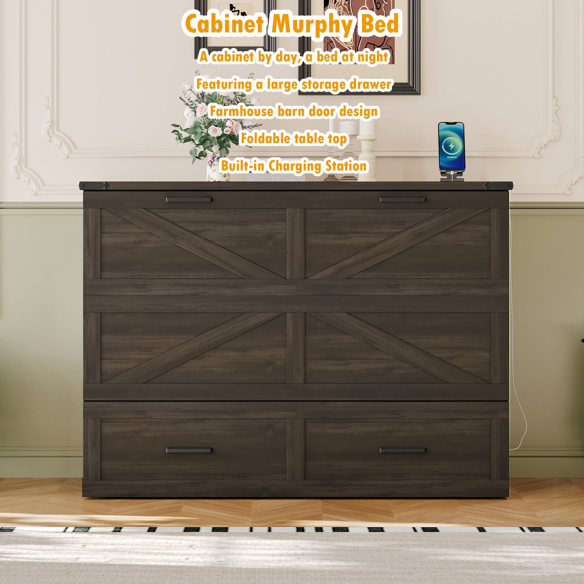 Bellemave Full Size Farmhouse Murphy Bed Frame with Charging Station and Storage Drawer Foldable Cabinet Platform Bed for Guest Room or Home Office (Full Size, Rustic Gray)