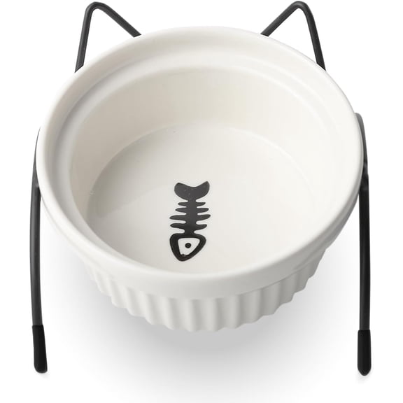 Elevated Ceramic Cat Bowl with Metal Stand – White Non-Slip Pet Food Dish with Herringbone Pattern for Small & Medium Cats and Dogs