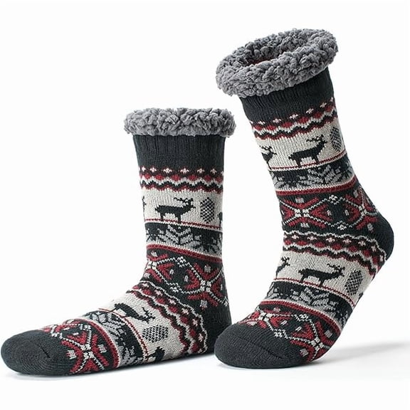 Fu997 Men's Fuzzy Slipper Socks - Non-Slip Grips, Thermal Winter Socks, Plush Sherpa Lined, Gifts & Stocking Stuffers