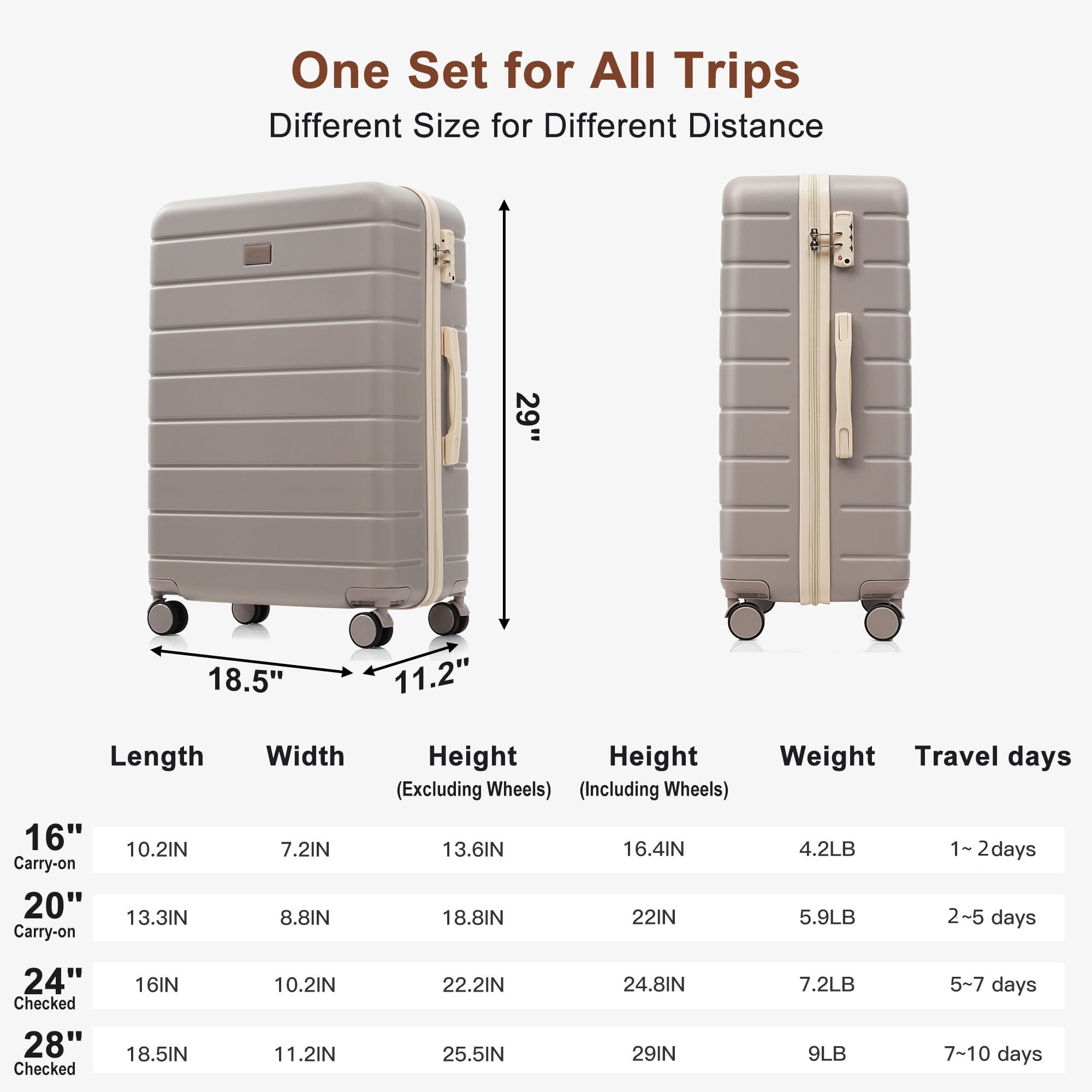 Euroco 6 Piece Luggage Sets, ABS Hardshell Suitcase Set with 2 Bags,Spinner Wheels & TSA Lock, Large Checked Travel Suitcases for Family,16/20/24/28 Inch,Brown