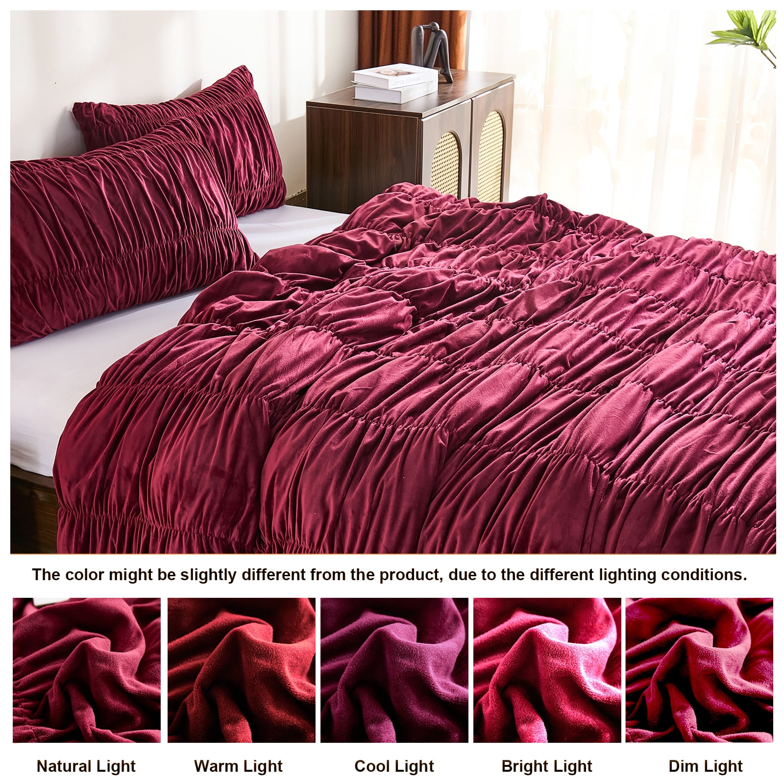 Luxury Velvet Comforter Set Queen Size,Boho Shabby Chic Ruched Bedding Comforter,Aesthetic Vintage Bedding Fluffy Ruffle Comforter Set,Ultra Soft Velvet Chenille Quilt Set,Vintage Ruffled Velvet Plus