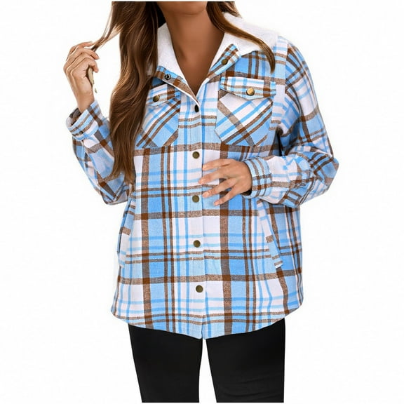 Plaid Shirts for Women Sherpa Lined Button Down Hooded Jackets with Pockets Light Blue L
