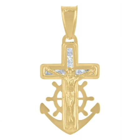 Auriga 14k Yellow Gold Men's CZ Anchor Crucifix Cross Religious Charm Pendant (L- 21.4mm, W- 9.7mm)