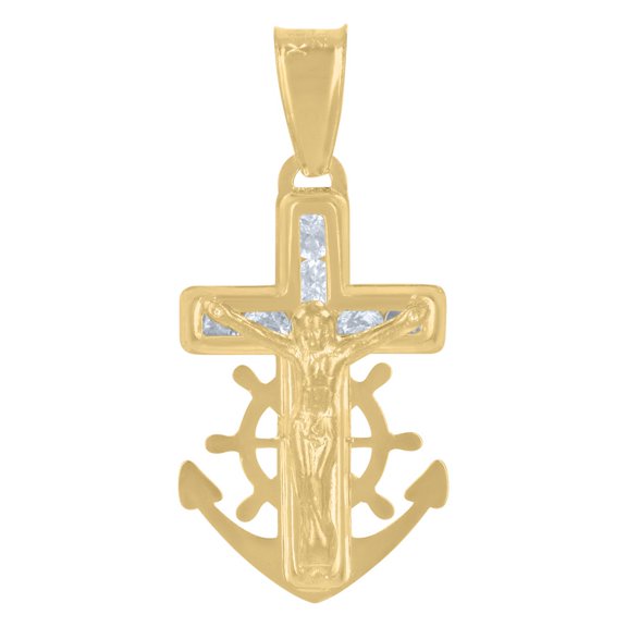 Auriga 14k Yellow Gold Men's CZ Anchor Crucifix Cross Religious Charm Pendant (L- 21.4mm, W- 9.7mm)