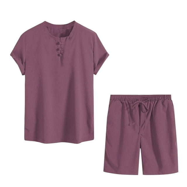 Mens Pantalones de Cordón de Color Sólido Casual Bolsillo Cortos de Cordón Y Hebilla de Manga Corta con Cuello en V, Poliéster