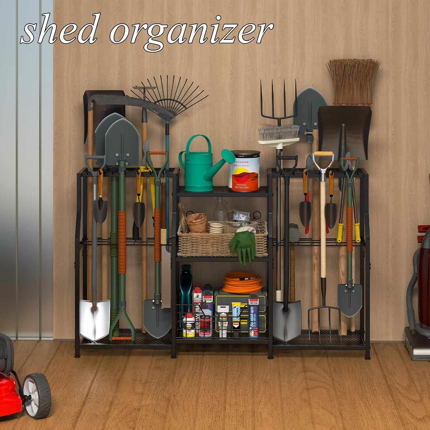 X-COSRACK Heavy Duty Garden Tool Organizer, 3-Tier Steel Yard Tool Rack Tower with Basket & Hooks, Garage Storage for Shed, Black