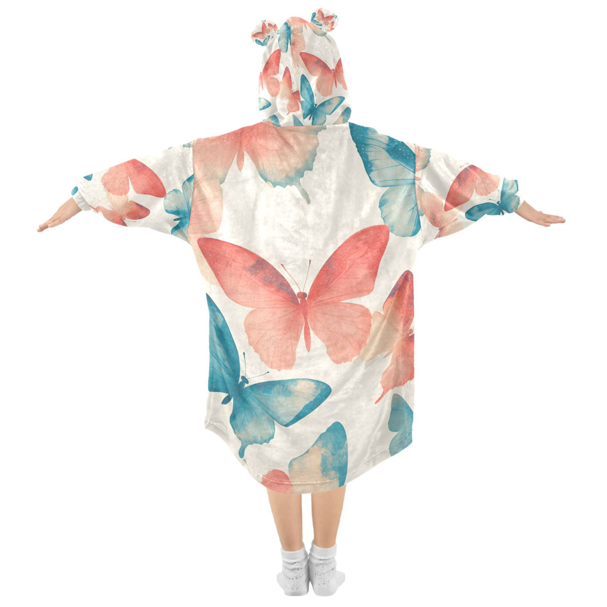 FORMRS Wearable Blanket Hoodie with Sleeves for Kids Cozy Flannel Sweatshirt, Watercolor Butterflies