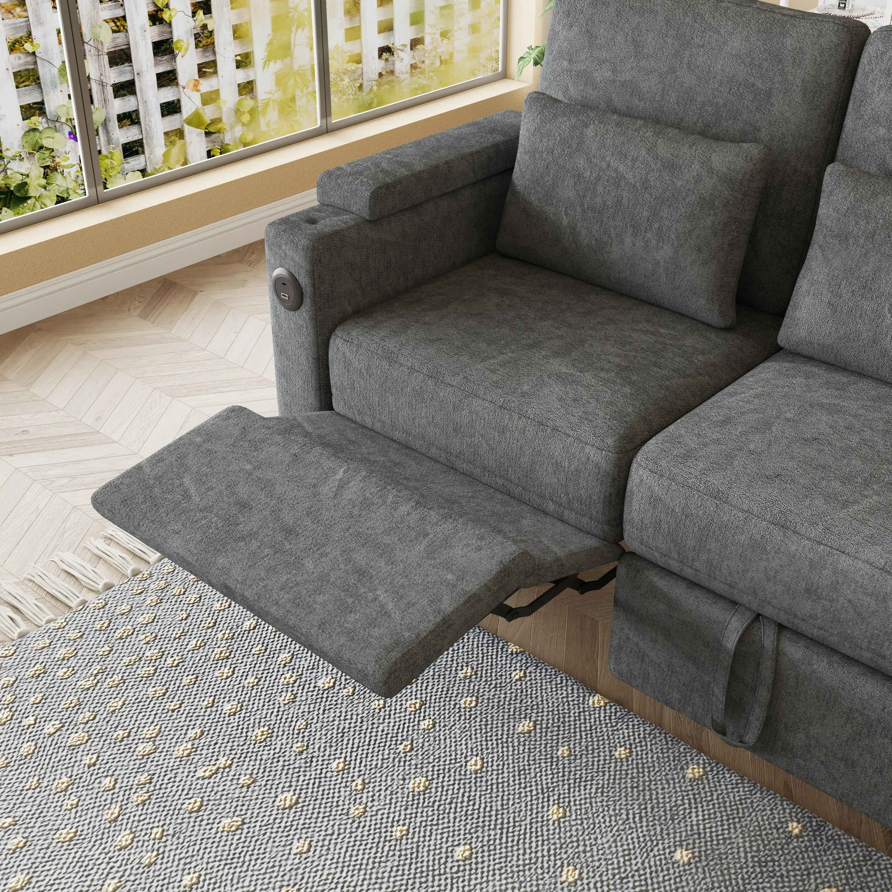 Aukfa 83" Convertible Sofa Bed, Chenille 3-Seater Pull-Out Sleeper Couch with Recliner, USB Port, Swivel Table & Storage Armrests,Gray