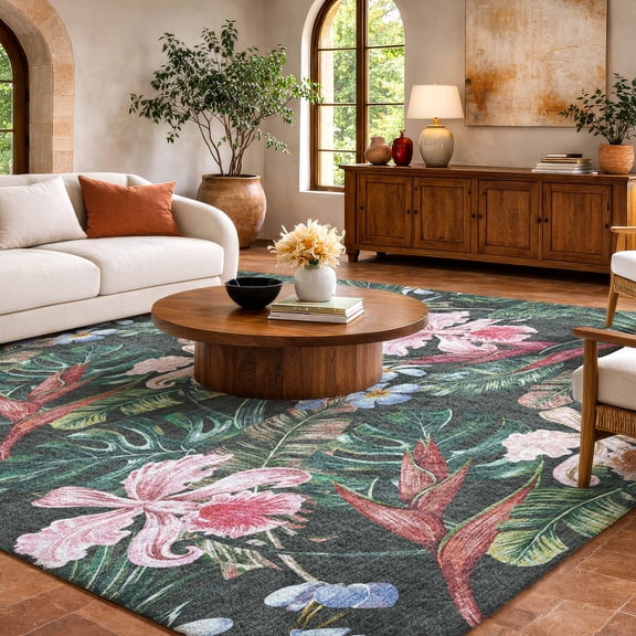 Addison Rugs Dream Shag Premium Machine Washable Transitional Floral & Leaves Midnight Rectangle Rug, 10' x 14'