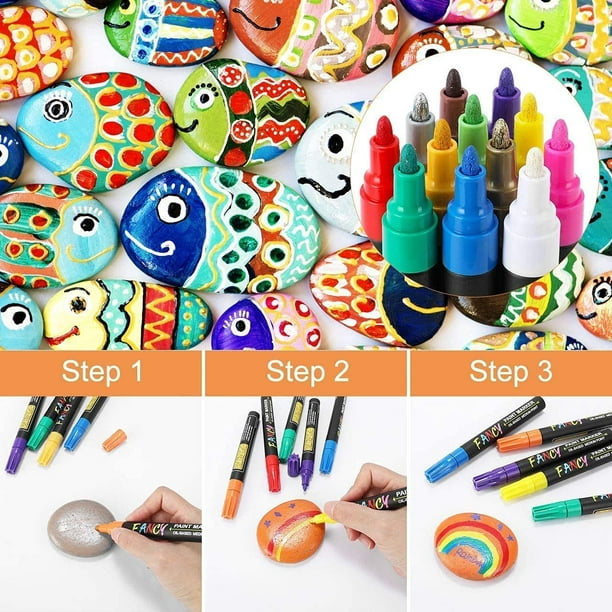 Paint Pens, Emooqi 12 Colors（1mm）Paint Markers Oil-Based Painting  Waterproof Marker Pen Set Ideal for Rocks Painting, Wood, Fabric, Plastic,  Canvas, Glass, Mugs, DIY Craft, Waterproof 