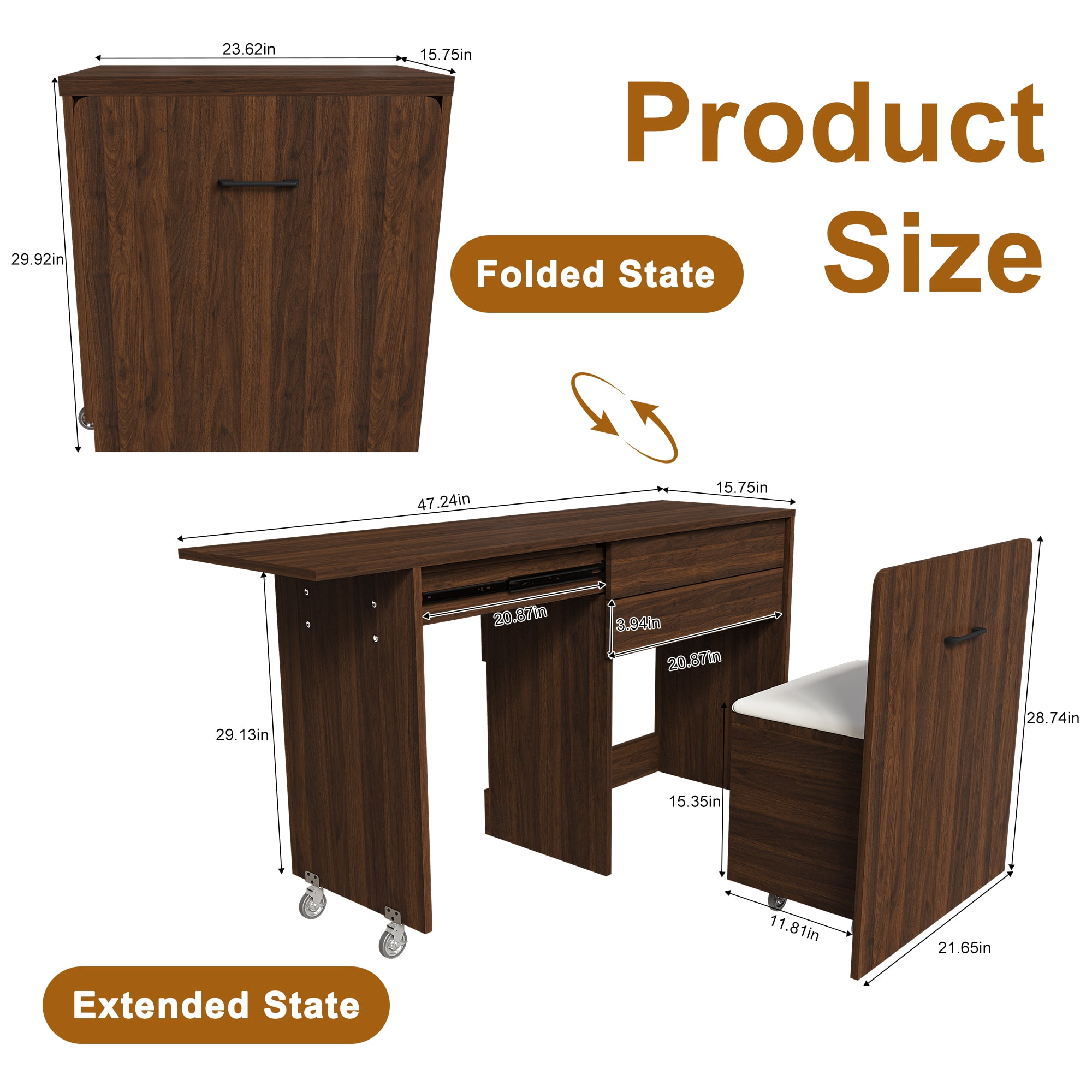 Multi-functional stretching desk, 47-inch foldable desk, makeup table with mirror, has 3 usage modes, equipped with storage function stool, suitable for bedroom, apartment (Walnut)