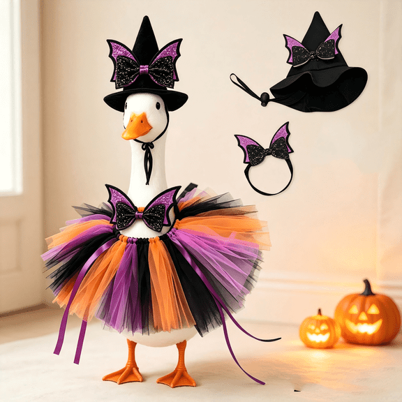 Halloween Porch Goose Outfit, Halloween Porch Goose Halloween Outfit With Witch Hat Bat Bow Skirt Costume Accessories, Fall Porch Goose Outfit For Outdoor Yard Front Porch Seasonal Decor