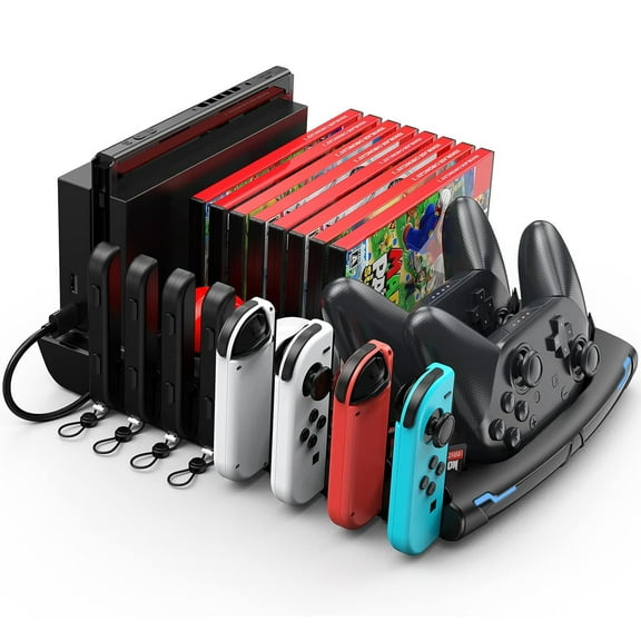 Game Accessories Organizer Station, Gamepad & J-Cons Charger, Games Storage, TV Dock, Pro Controller, Wrist Strap, Compatible with Nintendo Switch & OLED-Black