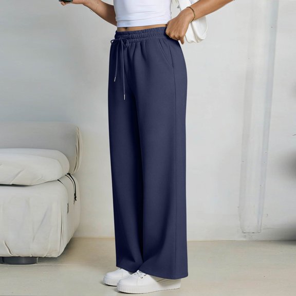 Stralyhd Womens Wide Leg Sweatpants Relaxed Fit Drawstring High Waisted Lounge Travel Pants Dressy Casual Fall Fashion Outfits with Pockets Navy M