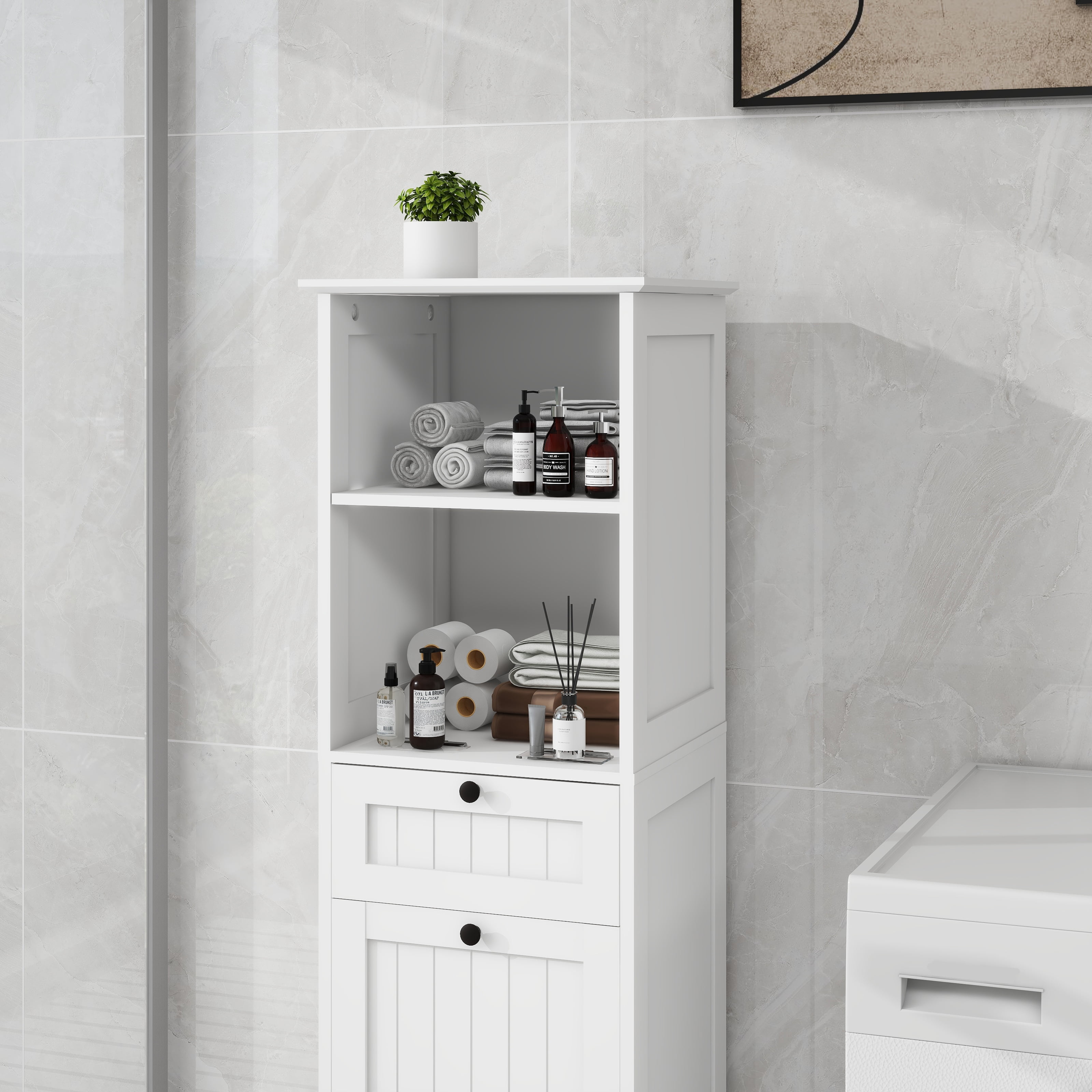Mintazer Narrow Laundry Storage Cabinet with Open Shelves, Freestanding Slim Linen Tower with Drawer & Tilt-Out Laundry Hamper for Bathroom Laundry Room Balcony Hallway, White