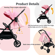 Lightweight Baby Stroller, Compact Travel Stroller,Infant Pram with Raincoat&Cup Holder,9.92lbs,0-24 Months,Pink