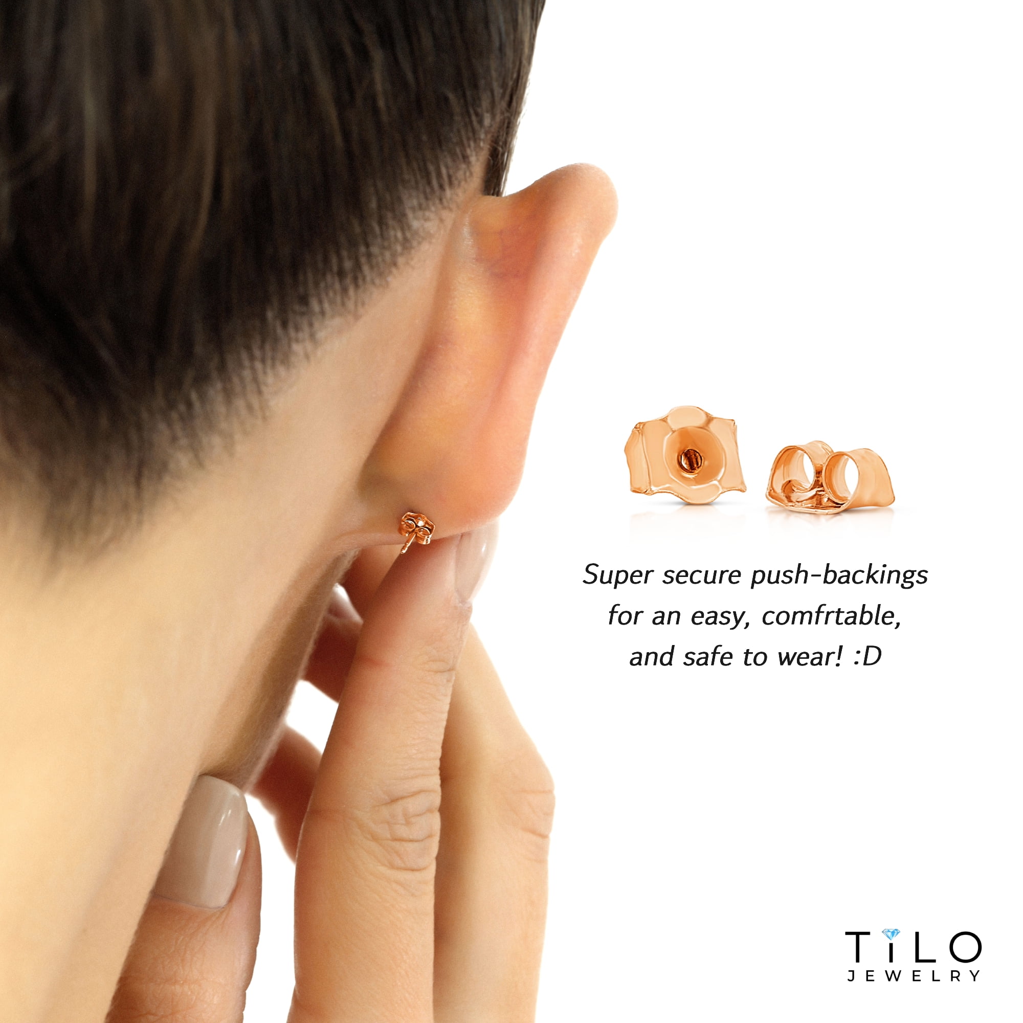 Tilo Jewelry 14K Rose Gold Solitaire Round CZ Stud Post Earrings with Secure Push-backs | 4mm | Classic Everyday Earrings | Women, Men, Unisex