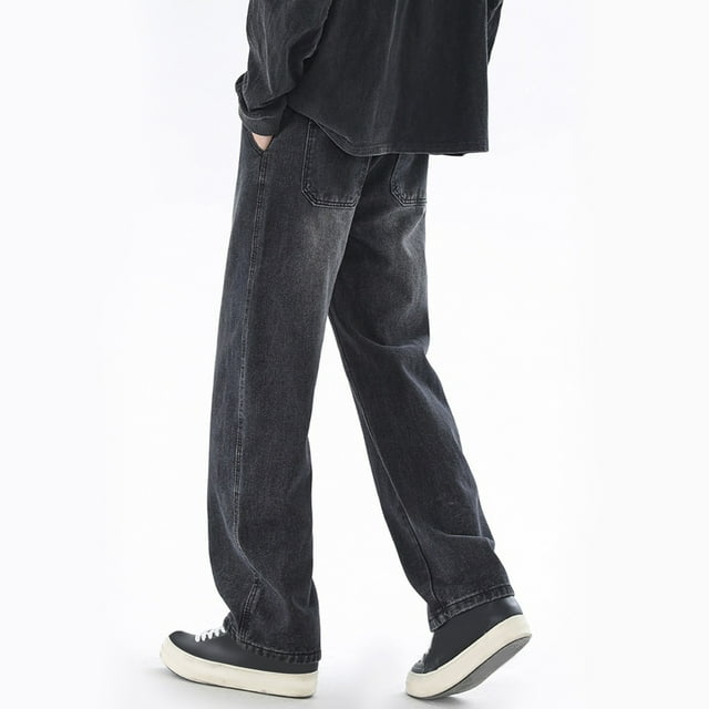 Pantalones largos para hombre, con bolsillo exterior, cintura elástica, cordón ajustable, color sólido, de mezclilla, pierna ancha, pantalones para hombre