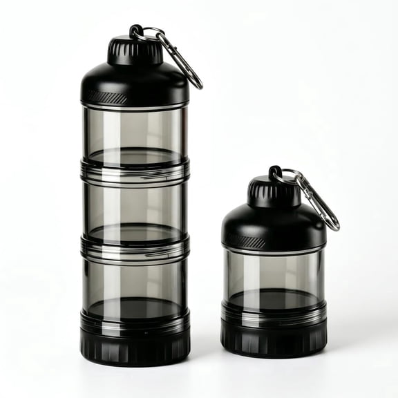 Protein Powder Travel Container - 3 Layer Portable Supplement Dispenser with Funnel and Keychain for Gym and Travel, Black