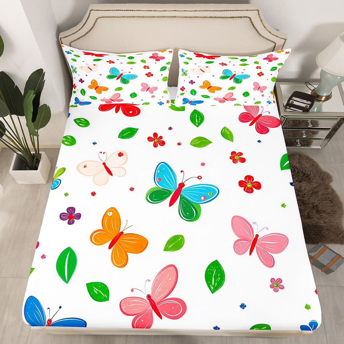 Homewish Chic Butterflies Queen Sheet Sets,Rustic Leaf Flat Sheet,Colorful Flying Animal Queen Fitted Sheet For Girls Kids,Microfiber Bedroom Decor,4 Pieces