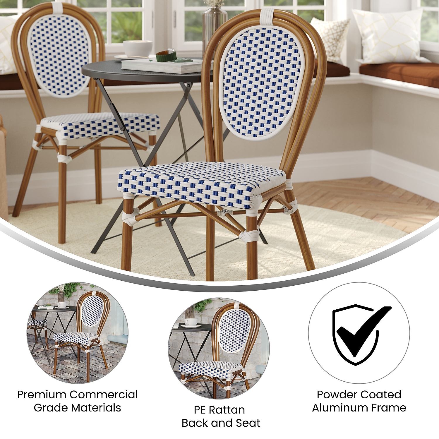 Flash Furniture Aluminum Indoor Stacking Chair, White and Navy