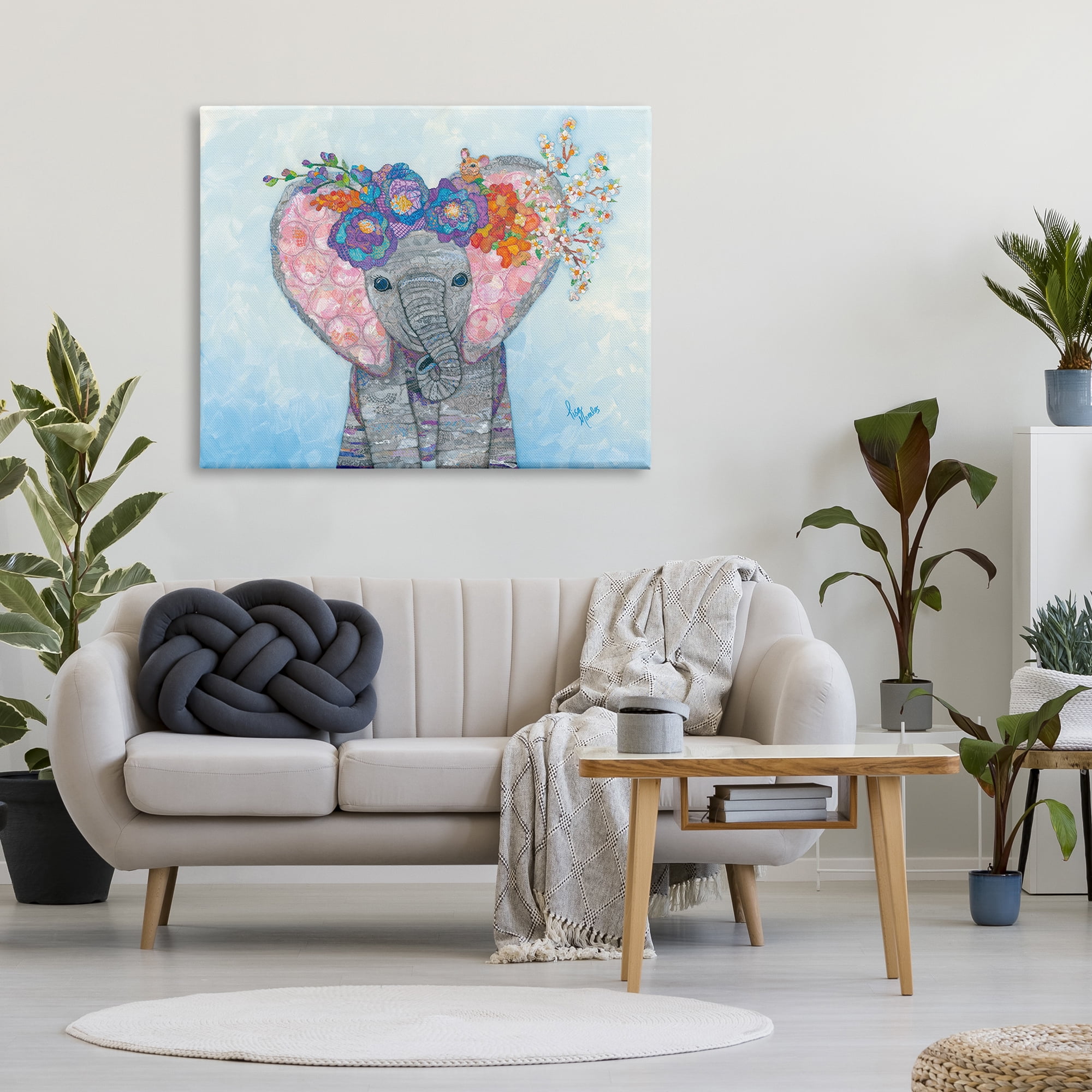 Stupell Industries Baby Elephant & Mouse Decorated Flower Blossoms Collage Painting Gallery Wrapped Canvas Print Wall Art, Design by Lisa Morales
