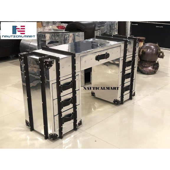 Nautical-Mart Trunk Design Aluminum Aviator Console Writing Office Desk Table with 6 Drawers