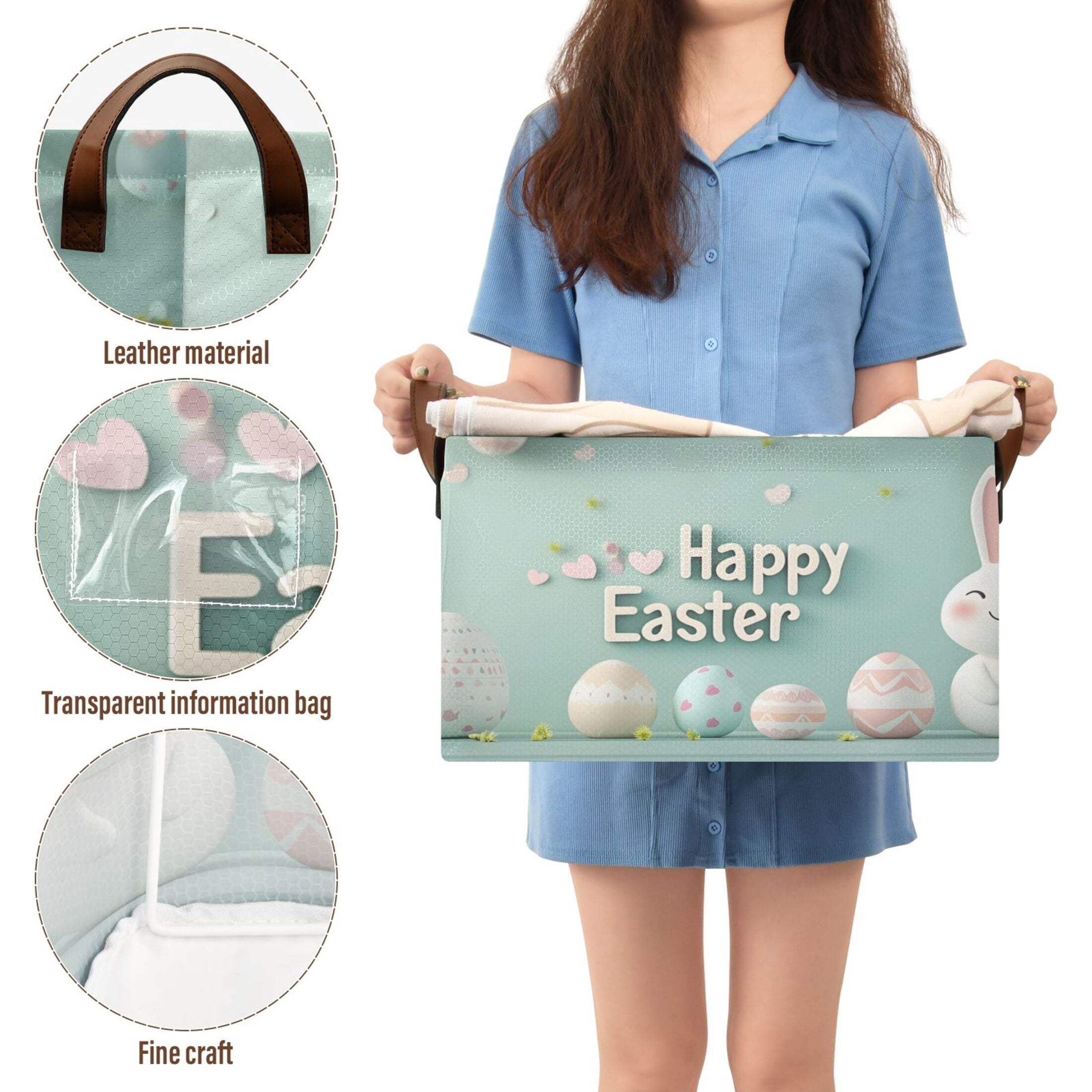 Ryvnso Cute Easter Bunny and Eggs Storage Bins Large Basket Foldable Cube Toys Organizer with Handles 2 PCs