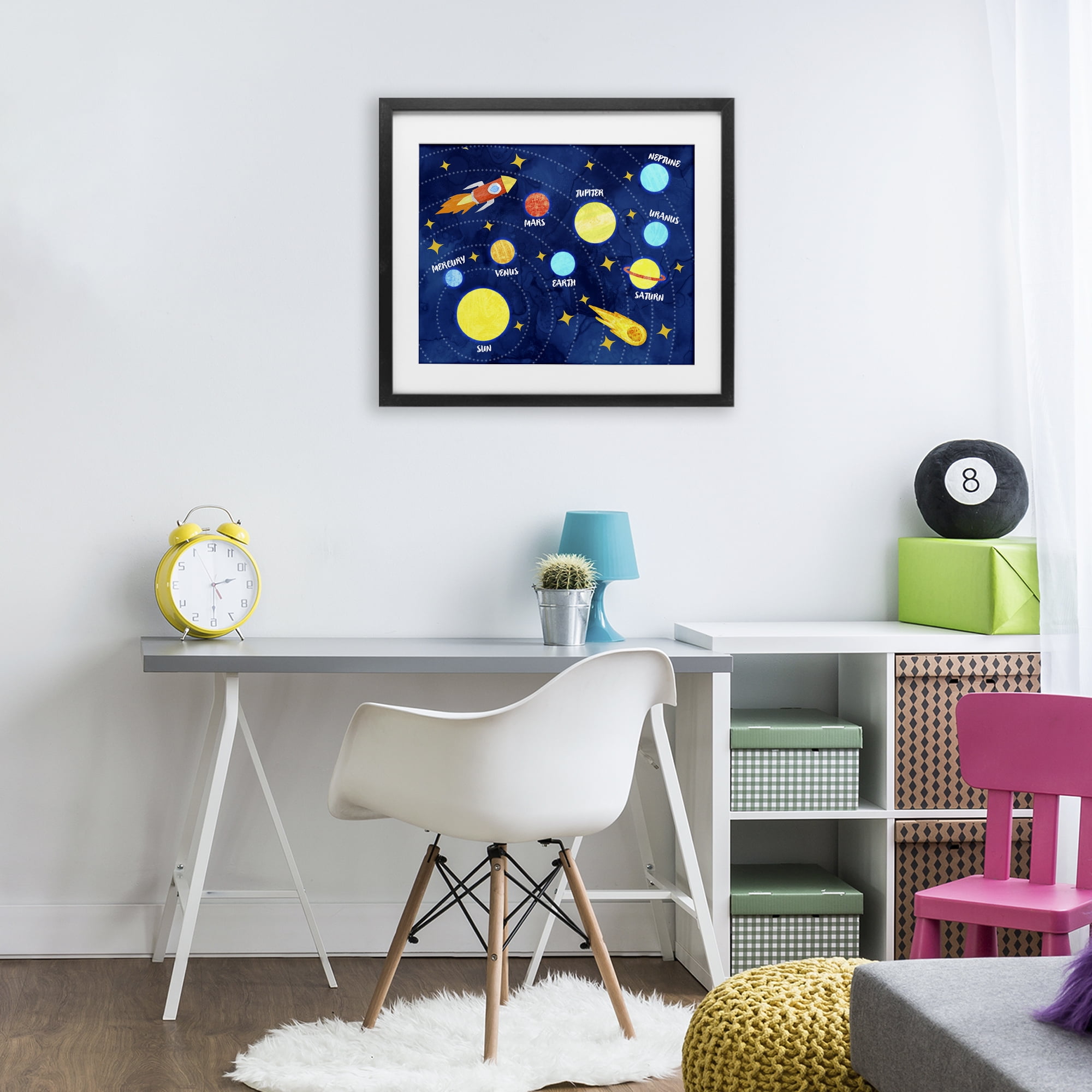 Rocket Across Solar System Black Framed Print Under Glass, design by Daphne Polselli