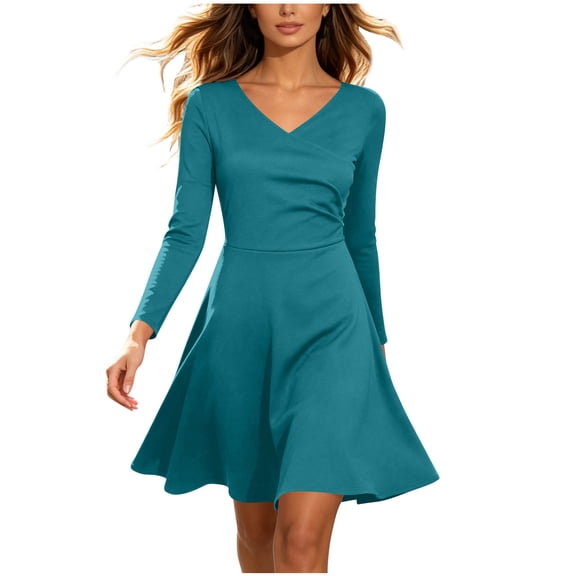 DeHolifer Women's Dress V-Neck Long Sleeve Solid Color Flowy Casual A-Line Dresses Green 3XL