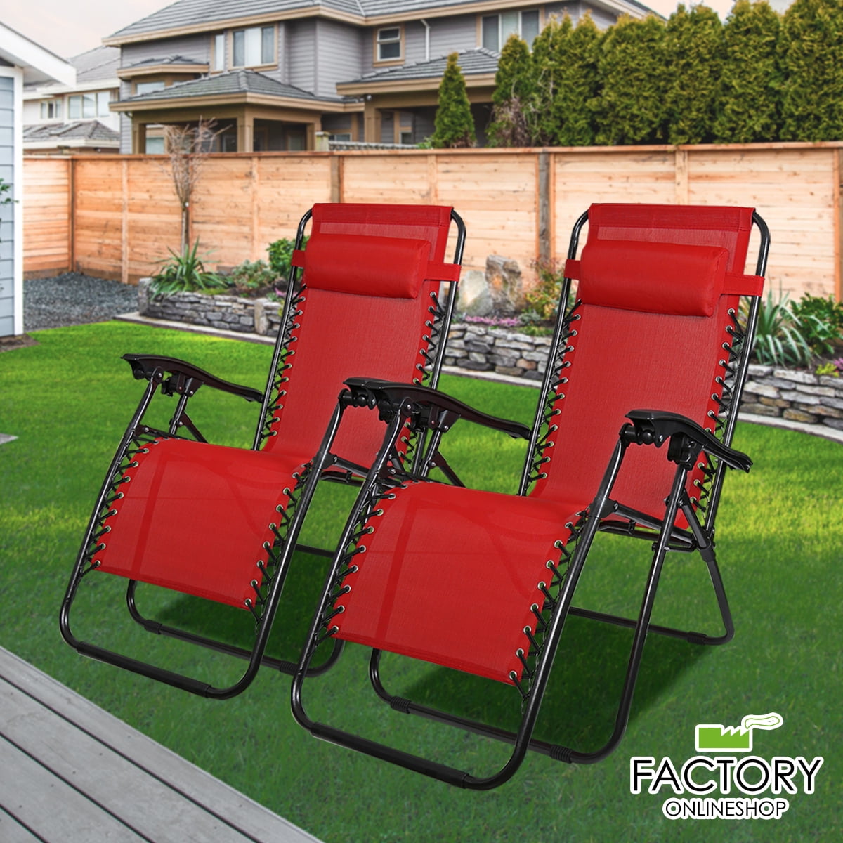 Geniqua 2X Zero Gravity Chairs Folding Recliner Yard Outdoor Beach Patio Lounge [Red]