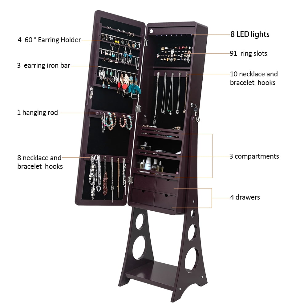 Kepooman 3-Layer Jewelry Armoire, Wooden Floor Standing Jewelry Cabinet, Jewelry Organizer with Mirror for Earrings Bracelets Rings Necklace, Dark Brown Kepooman 3-Layer Jewelry Armoire, Wooden Floor Standing Jewelry Cabinet, Jewelry Organizer with Mirror for Earrings Bracelets Rings Necklace, Dark Brown
