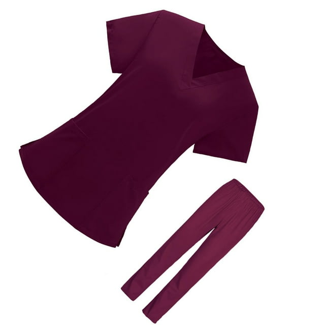 Hi,Fancy Women's Nurse Uniform V-Neck Scrub Set, Claret, XXL