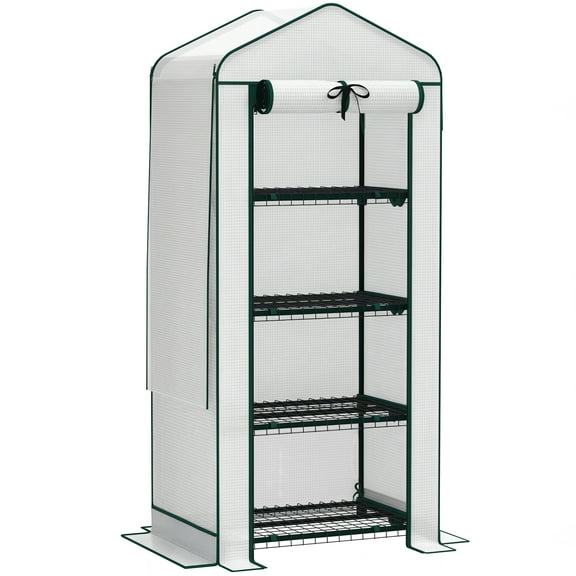 QISHENSHUI 4 Tier Mini Greenhouse with Reinforced PE Cover & Ventilated Screen Roof – Portable Compact Design for Balcony Patio Indoor Use, Great for Caring for Herbs Veggies Seedlings, White