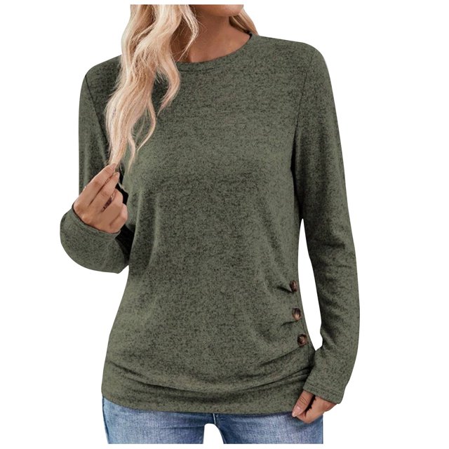 Bowake Tunique Automne Printemps pour Femmes Col Rond Boutons Manches Longues Chemises Basiques Décontractées Blouse Ample pour Sortir