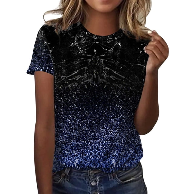 TSADFHJI Hauts à Col Roulé pour Femmes Hiver Mode Décontractée Femmes Dégradé Paillettes Imprimé Col Rond T-Shirt Ample L Bleu