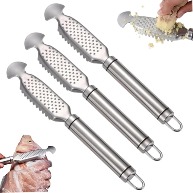 2-in-1 Stainless Steel Fish Scaler + Ginger Grater, Multifunction Stainless Steel Fish Scaler Remover, Descaler Sawtooth for Easy Descaling, With Hanging Handle (3pcs)