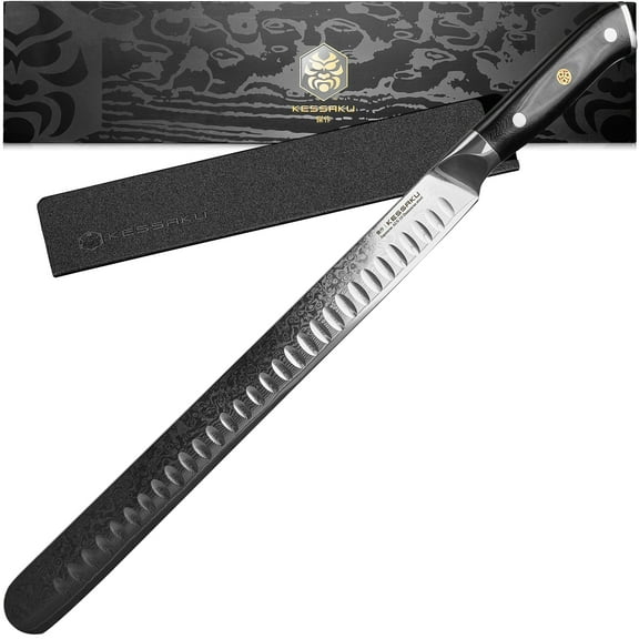 Kessaku Carving Knife - 12 inch - Damascus Dynasty Series - Razor Sharp - Granton Edge - Forged 67-Layer Japanese AUS-10V High Carbon Stainless Steel - G10 Garolite Handle with Blade Guard