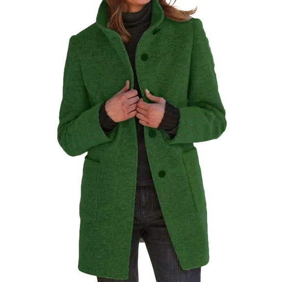 Women Winter Long Pea Coat Wool Blend Stand Collar Single Breast Thicken Blazer Jacket Green L