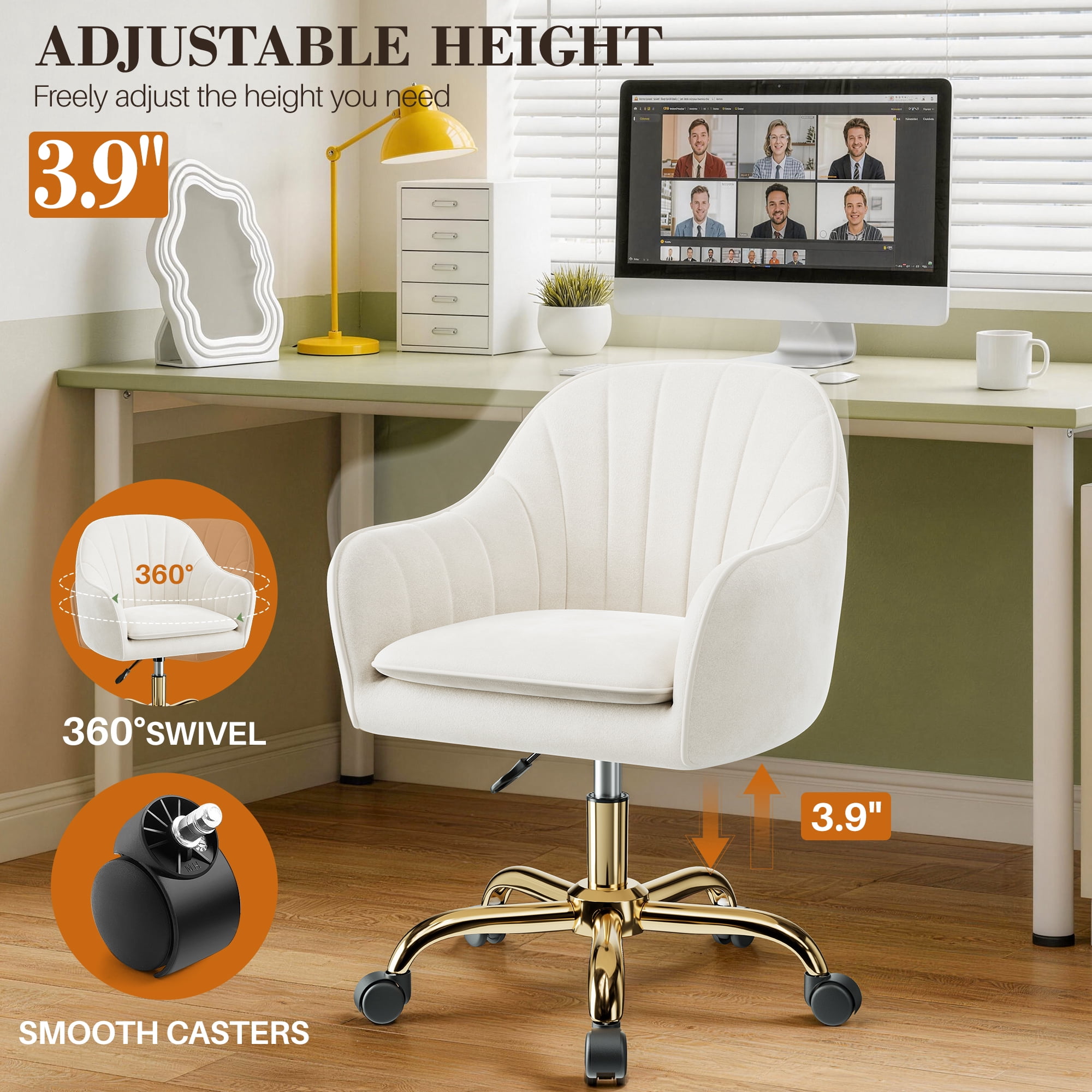 COOLHUT Office Desk Chair with Padded, Velvet Vanity Chair with Back and Wheels, Comfy Home Office Chiar with Gold Legs, Height Adjustable, Rolling Chair for Vanity Room, Makeup Room, Bedroom, Beige
