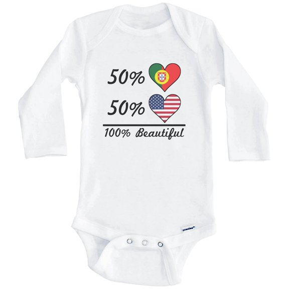 50% Portuguese 50% American 100% Beautiful Portugal Flag Heart One Piece Baby Bodysuit (Long Sleeve), 0-3 Months White