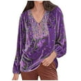 thumbnail image 2 of Women Retro Velvet Long Sleeve V Neck Shirt Blouse Tops Traditional Ethnic Style Pattern Vintage Loose Henley Tshirts, 2 of 7