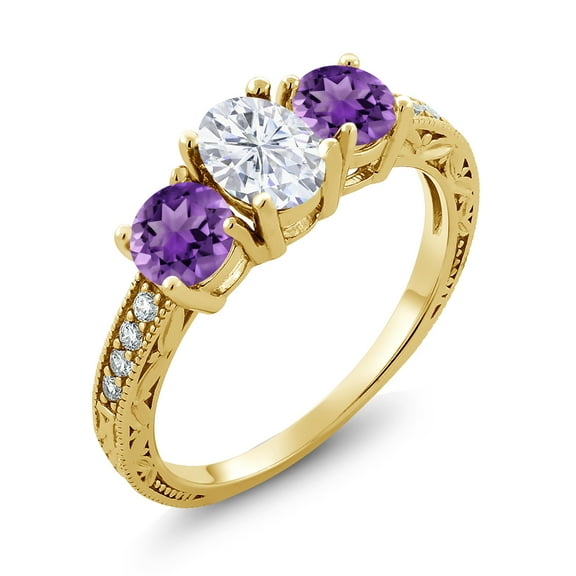 Gem Stone King 18K Yellow Gold Plated Silver Purple Amethyst and White Moissanite Ring for Women (1.97 Cttw, Gemstone Birthstone, Size 6)
