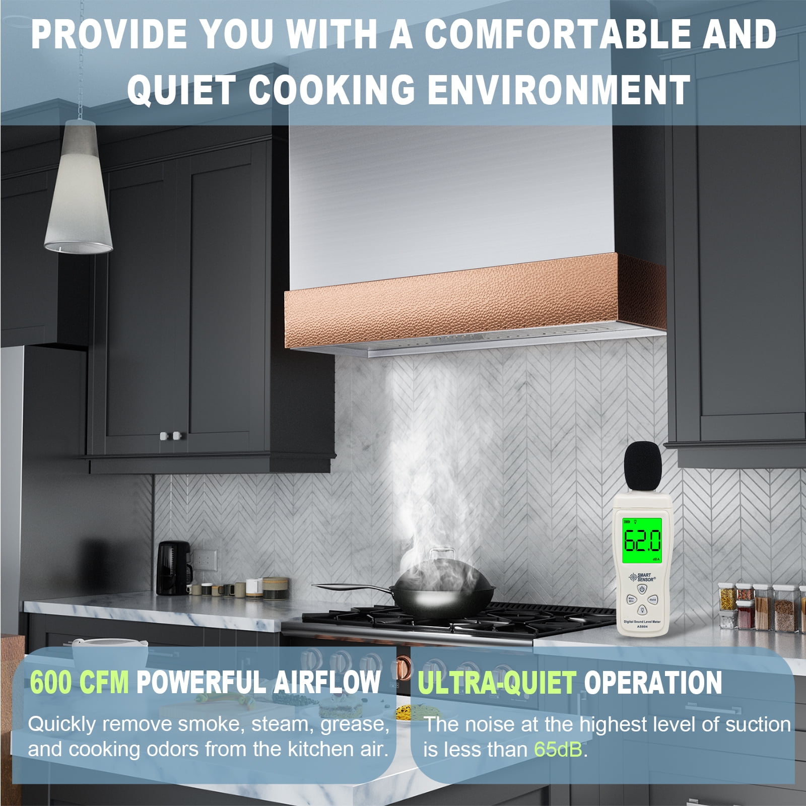 Akicon 600 CFM Wall Mounted Range Hood, Stainless Steel Range Hood 36 inch, Energy Saving, Ducted Kitchen Hood for Cooking, Powerful Vent Motor, Brushed Stainless with Copper