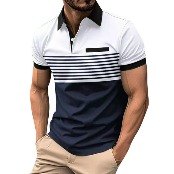 Cmfcve Oversize Tops for Mens Summer Color Block Striped t Shirt Contrast Trim Short Sleeve Collared Tops