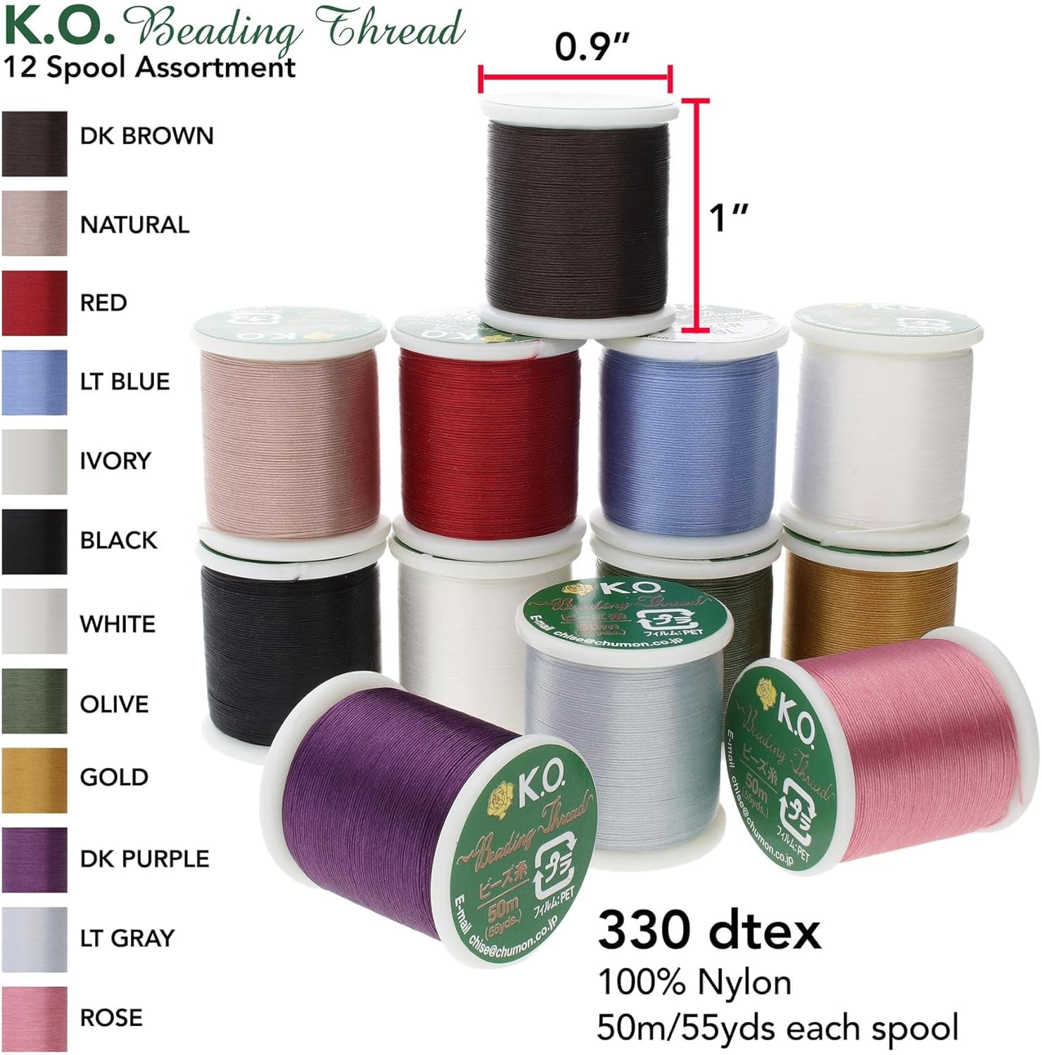 KO Thread, Nylon Beading Thread, 12-Piece Color Assortment, Japanese Pre-Waxed 100% Nylon, 330TEX, Tangle Resistant Knotting Cords, 50 meters, Use for seed bead projects, loom work and bead weaving